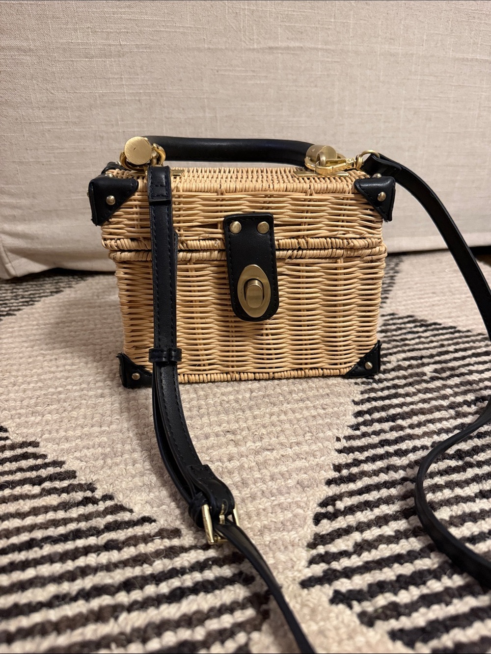 Sam Edelman Woven Tan Crossbody with Black Trim & Gold Hardware